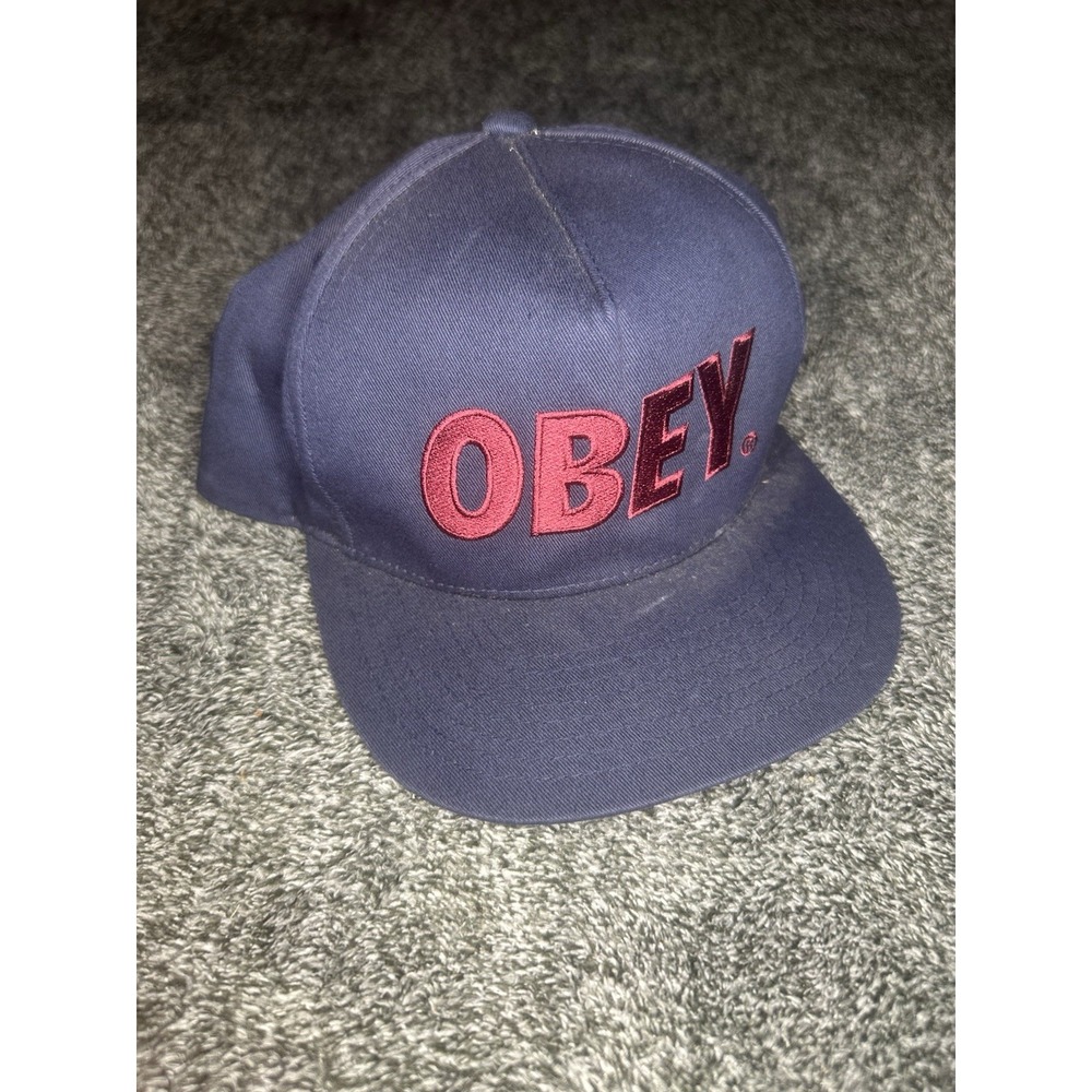 OBEY Snapback Hat Navy Burgundy Embroidered Logo Spellout Streetwear Cap OSFA